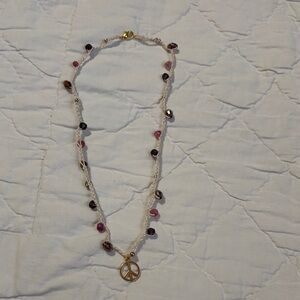 Crochet Gold Peace Sign Beaded Necklace with Pink & Purple Accents